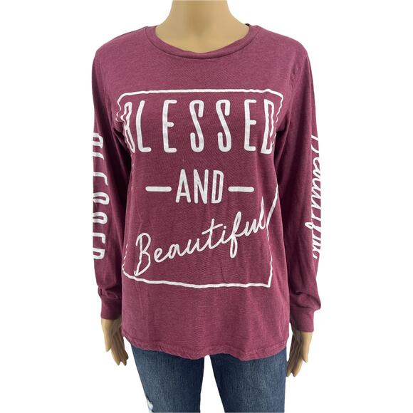 ON FIRE (L) Burgundy Red Blessed and Beautiful Long Sleeve Tee Shirt - Picture 1 of 8
